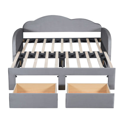 Twin Size Upholstered Daybed With Cloud-Shaped Backrest, Trundle & 2 Drawers And USB Ports - Gray