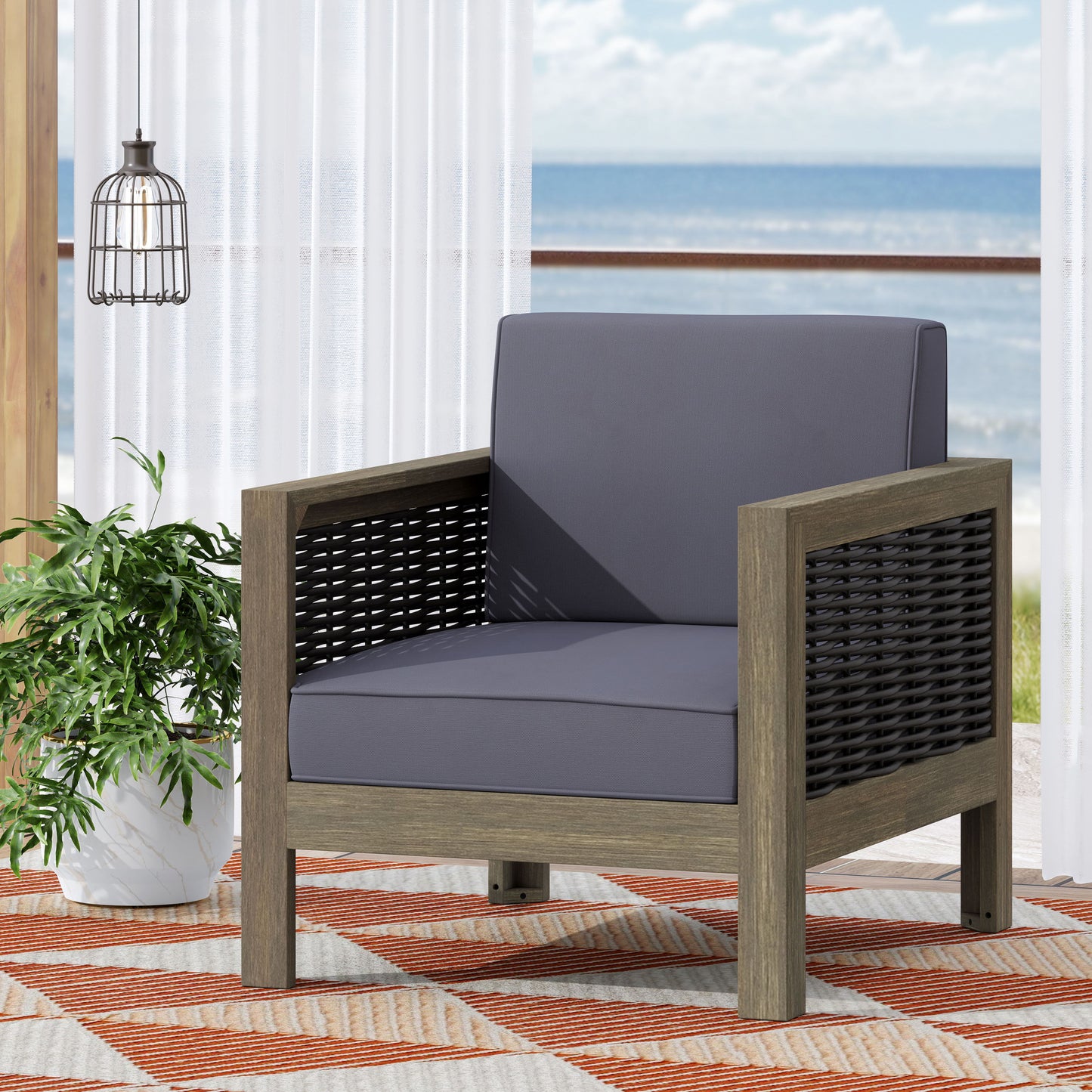 Outdoor Club Chair With Wicker Accents And Water Resistant Cushions - Gray