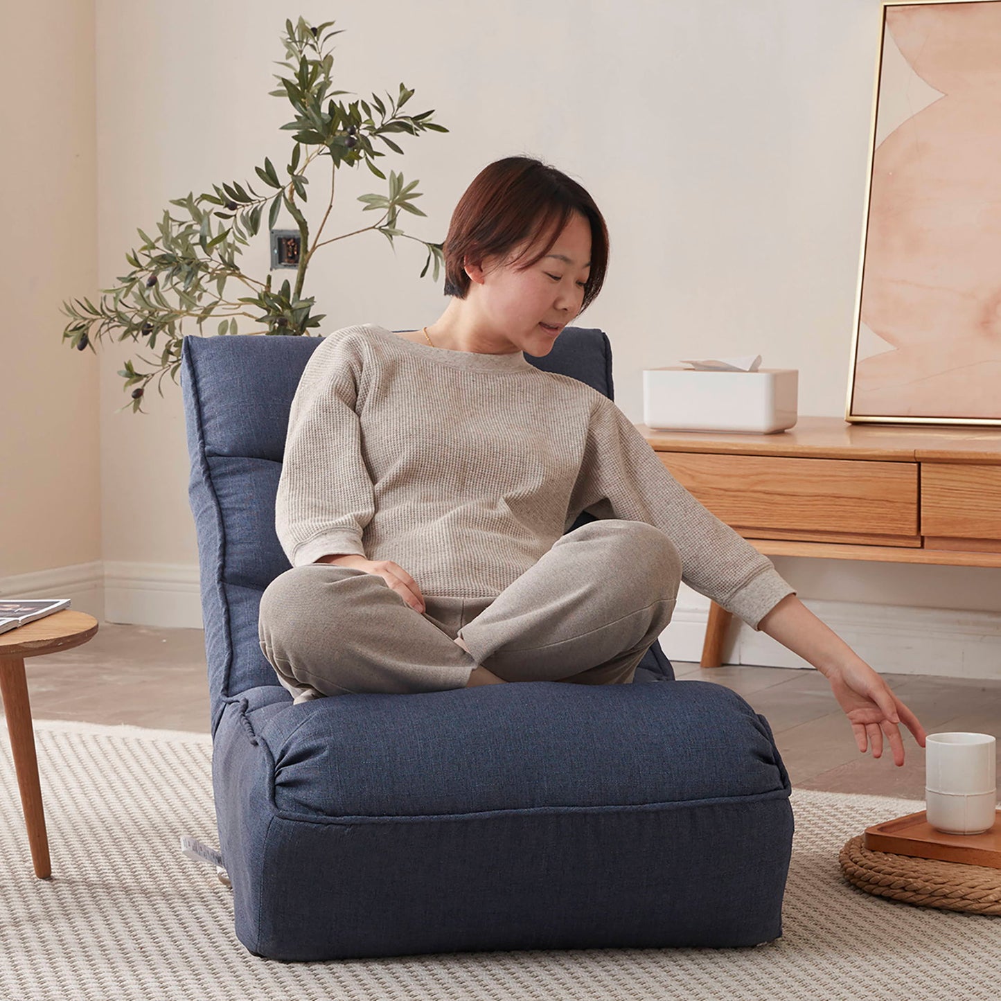Single Sofa Reclining Japanese Chair Lazy Sofa Tatami Balcony Adjustable Chair - Navy