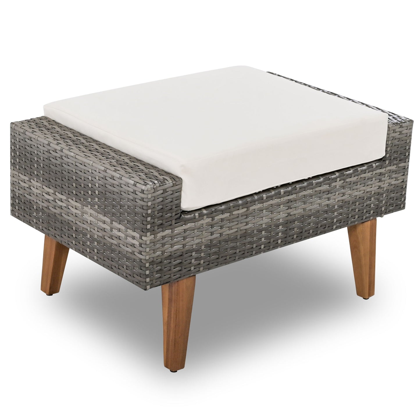 6 Pieces All Weather Sofa Set, Outdoor Rattan Sofa With Double Cushions, Wood Legs Wood Table Top - Beige / Gray