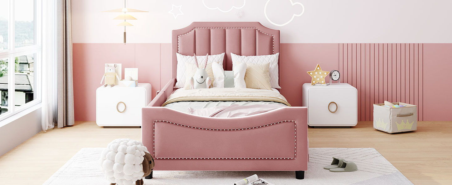 Twin Size Upholstered Daybed With Classic Stripe Shaped Headboard - Pink