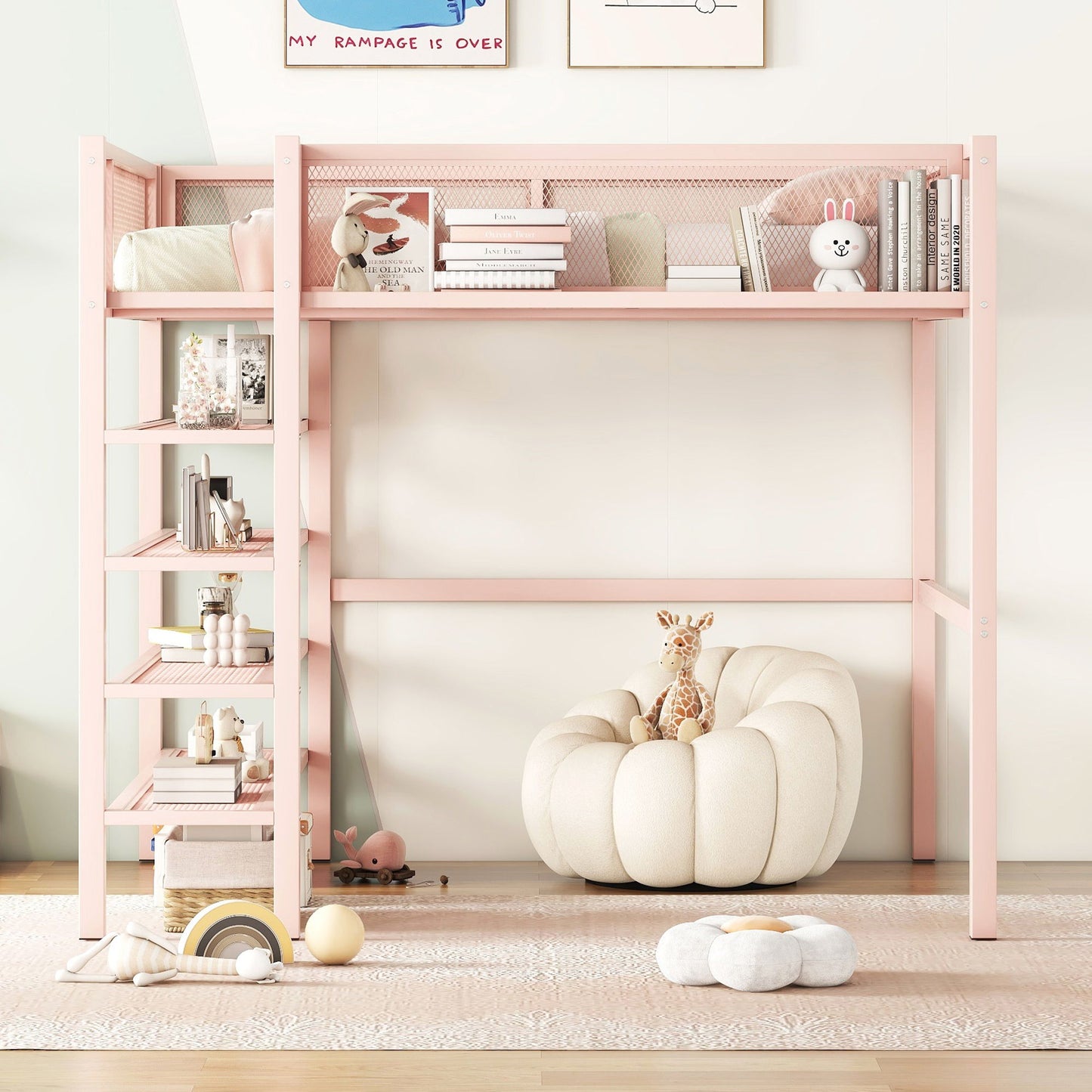 Full Size Loft Bed With 4 Tier Shelves And Storage - Pink
