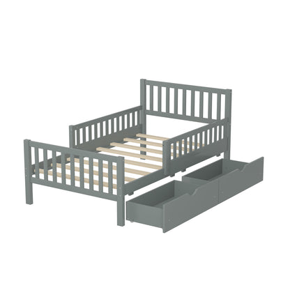 Twin Size Platform Bed With Guardrails On Both Sides And 2 Storage Drawers - Gray
