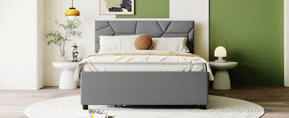 Full Size Upholstered Platform Bed With Brick Pattern Headboard And Twin Size Trundle - Gray
