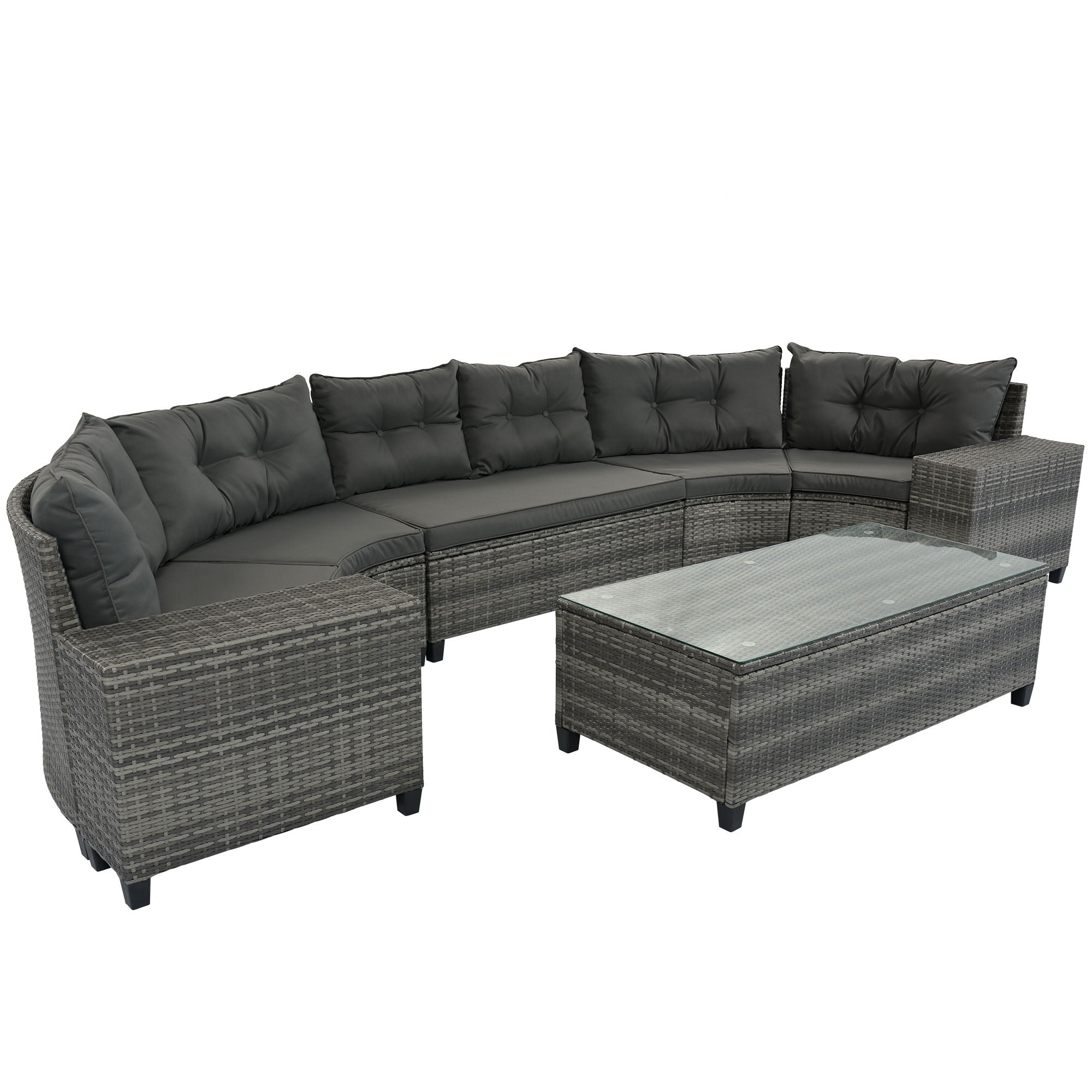 8 Pieces Outdoor Wicker Round Sofa Set, Half-Moon Sectional Sets All Weather, Curved Sofa Set With Rectangular Coffee Table, PE Rattan Water-Resistant And UV Protected, Movable Cushion - Gray