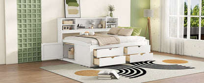 Full Size Daybed With 2 Bedside Cabinets, Upper Shelves And 4 Drawers - White