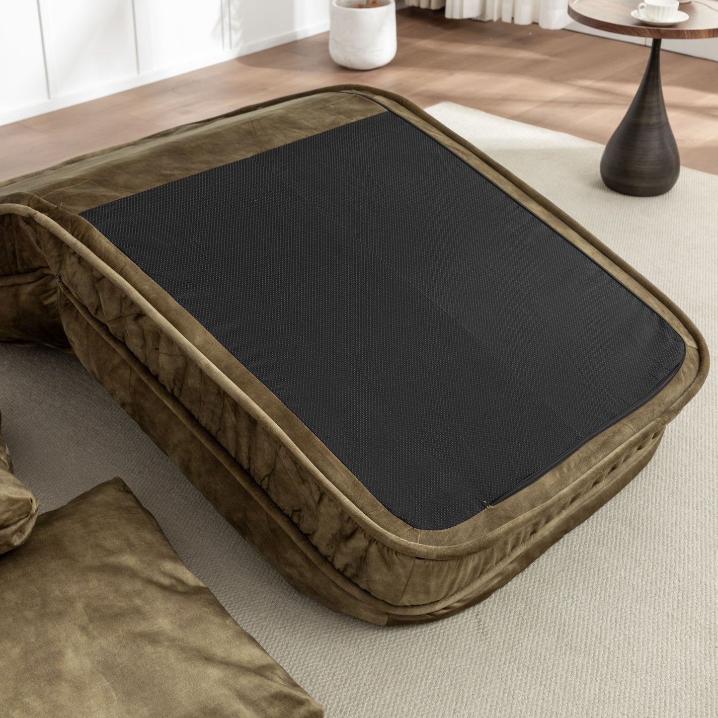 Upholstered Human Dog Bed And Pets Bean Bag Floor Sofa With Massage Pillow, 5 Adjustable Positions & 2 Soft Pillows Velvet With Foam And Iron Plastic Frame - Green