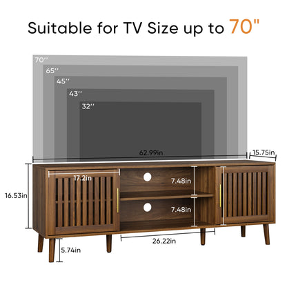TV Stand With 2 Grille Door Cabinets And Adjustable Storage Rack, Suitable For Medieval Modern TV Cabinets, Entertainment Center With Storage Space - Walnut Wood