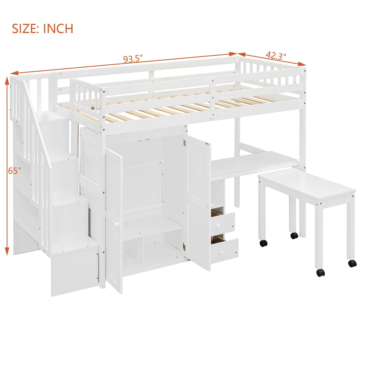 Twin Size Loft Bed With Stairs, Bookshelf, Drawers, Desk & Wardrobe, Space Saving Multifunctional Furniture - White