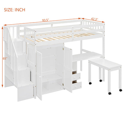 Twin Size Loft Bed With Stairs, Bookshelf, Drawers, Desk & Wardrobe, Space Saving Multifunctional Furniture - White