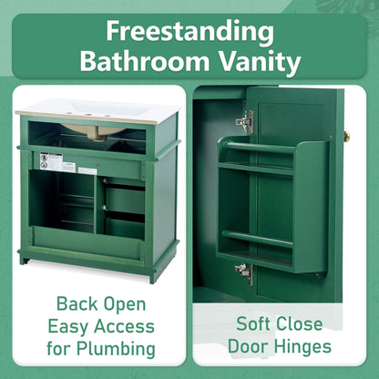 30" Bathroom Vanity With Sink, 1 Tip Out Drawer, 3 Drawers, Door Shelf, Soft Closing Door - Green