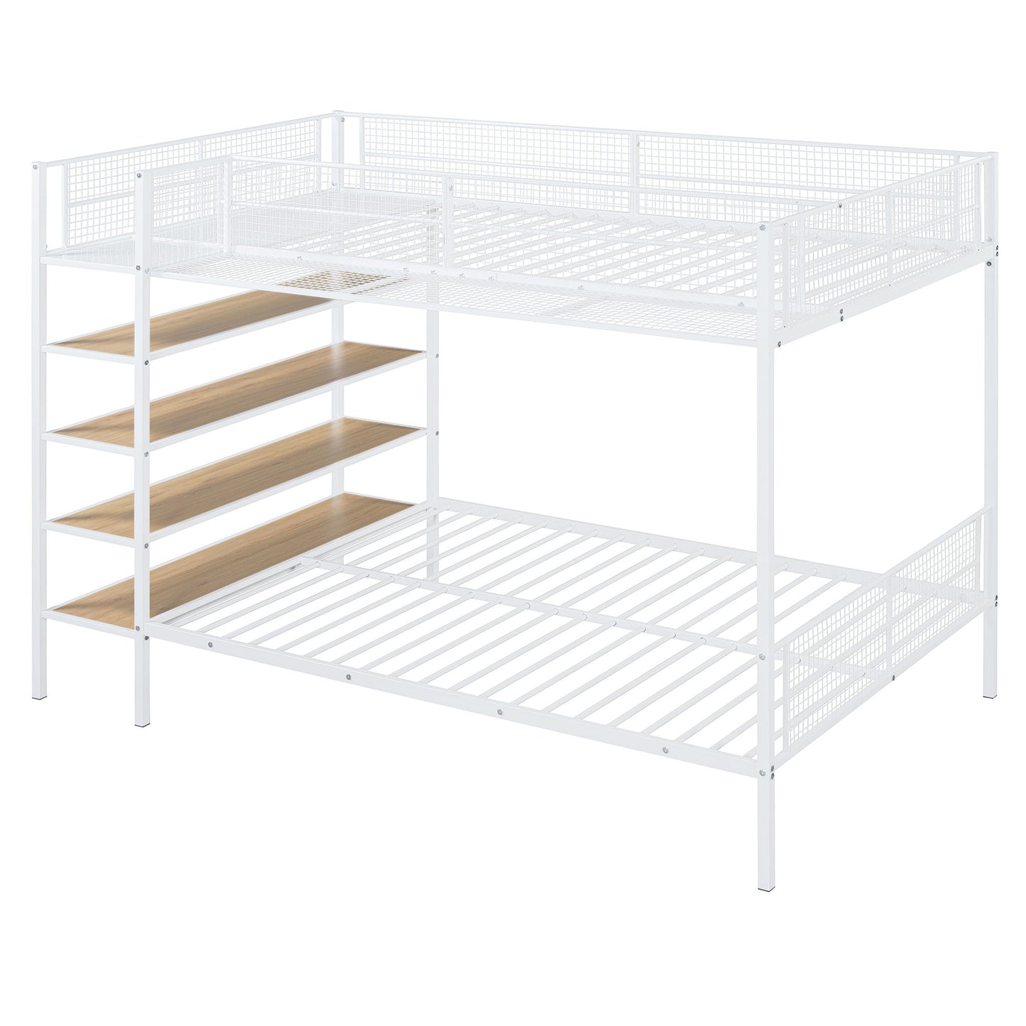 Twin Over Full Bunk Bed With 5 Tier Shelves - White