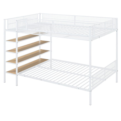 Twin Over Full Bunk Bed With 5 Tier Shelves - White