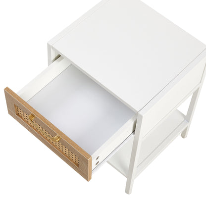 15.74" Rattan End Table With Drawer, Modern Nightstand, Metal Legs, Side Table For Living Room, Bedroom - White