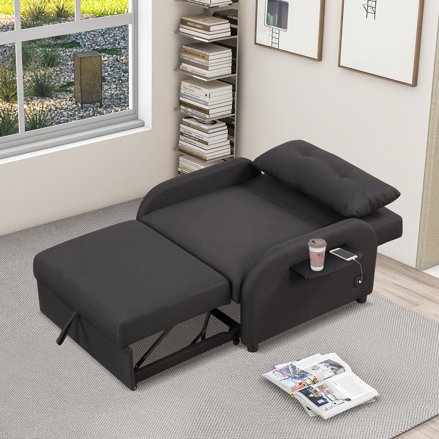 3 In 1 Pull Out Sofa Sleeper With Wing Table And USB Charge - Black