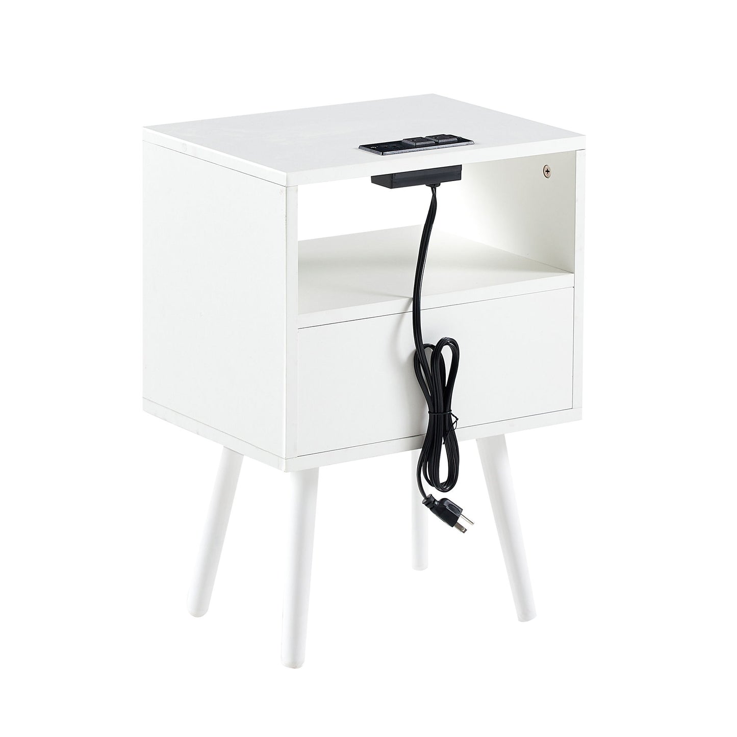 15.75" Rattan End Table With Power Outlet & USB Ports, Modern Nightstand With Drawer And Solid Wood Legs, Side Table For Living Room, Bedroom - White