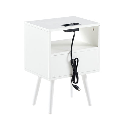 15.75" Rattan End Table With Power Outlet & USB Ports, Modern Nightstand With Drawer And Solid Wood Legs, Side Table For Living Room, Bedroom - White