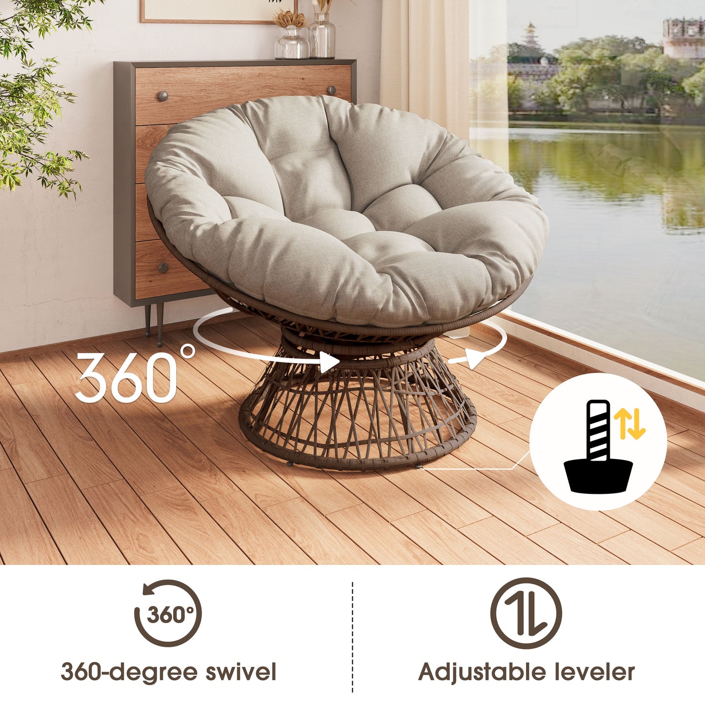 Ergonomic Wicker Chair With Cloud Thick Density Cushion, 3 Proof Cover High Capacity Iron Frame Fluid 360ÔøΩÔøΩÔøΩÔøΩÔøΩÔøΩÔøΩÔøΩÔøΩÔøΩÔøΩÔøΩÔøΩÔøΩÔøΩ Swivel - Beige / Brown