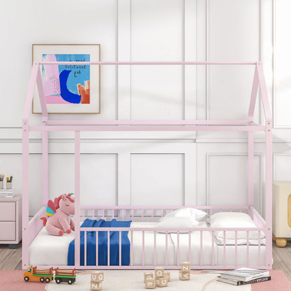 Full Size Bed House Bed Frame With Fence - Pink