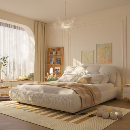 Queen Size Luxury Upholstered Platform Bed With Oversized Padded Backrest And Solid Wood Frame, Suitable For Multiple Heights Of Mattresses - Beige