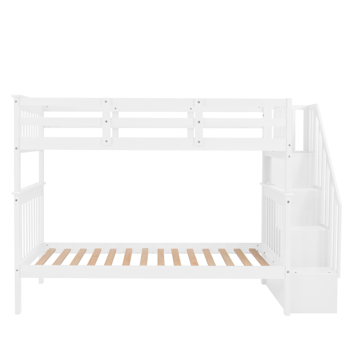 Twin Over Twin Stairway Bunk Bed With Storage And Guard Rail For Bedroom - White