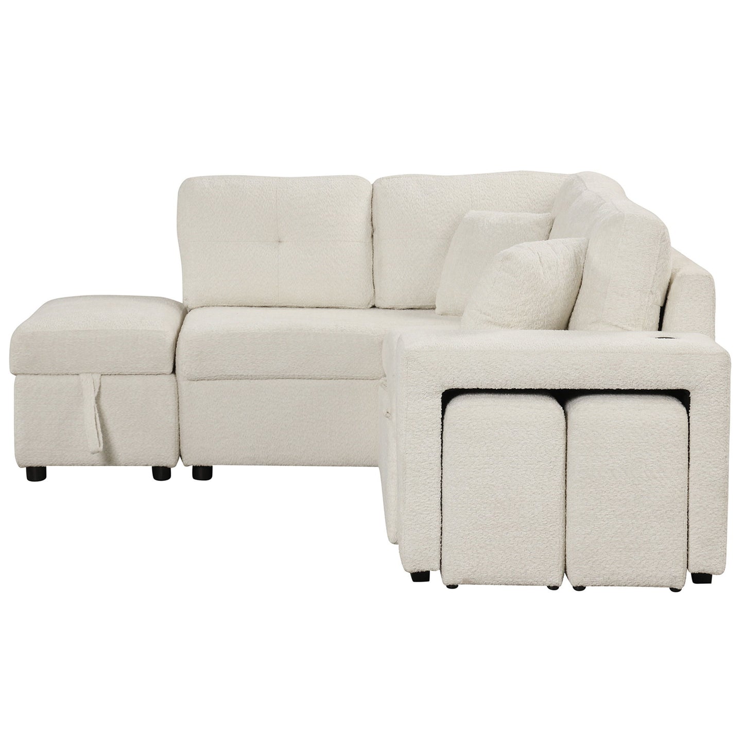 Convertible Sleeper, Sectional Pull Out Sofa Bed With Storage Ottoman, 2 Throw Pillows, 2 Stools, Wireless Charger And Two Hidden USB Ports For Living Room - Cream