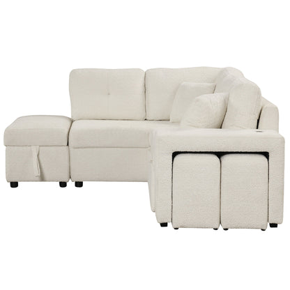 Convertible Sleeper, Sectional Pull Out Sofa Bed With Storage Ottoman, 2 Throw Pillows, 2 Stools, Wireless Charger And Two Hidden USB Ports For Living Room - Cream