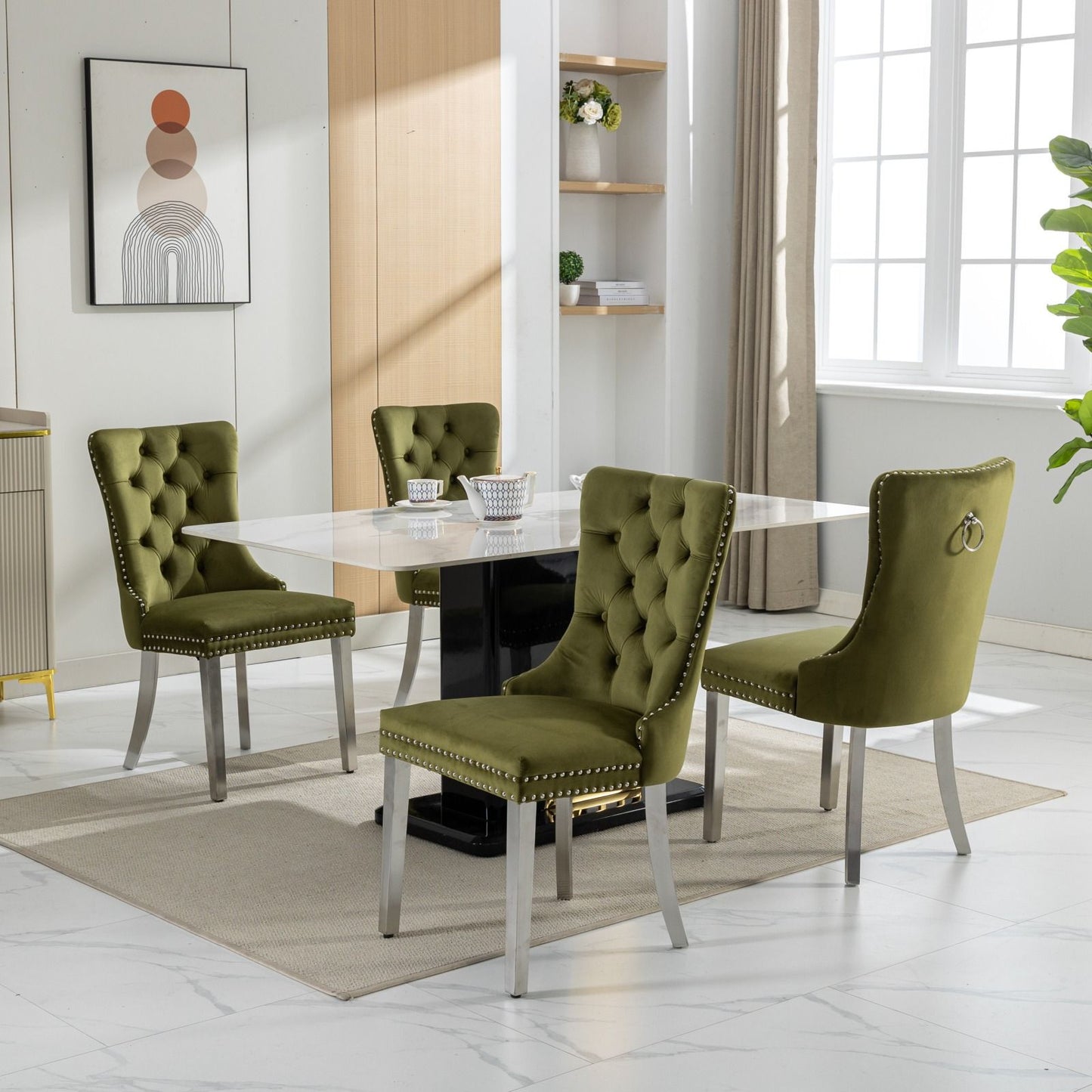 Nikki - Modern, High-End Tufted Solid Wood Contemporary Velvet Upholstered Dining Chair With Chrome Stainless Steel Plating Legs, Nailhead Trim (Set of 2) - Olive Green / Chrome