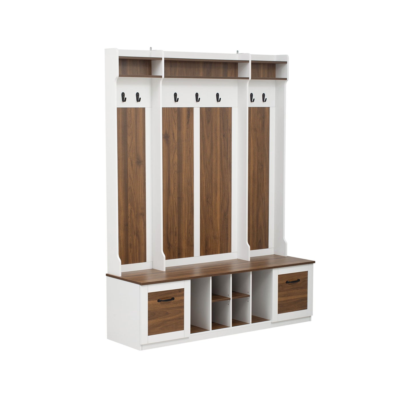 5 In 1 Entryway Bench With Coat Rack, 7 Sturdy Hooks, 2 Spacious Drawers And Adjustable Shelves, Wide Hall Tree With Metal Handles For Hallway - Brown / White