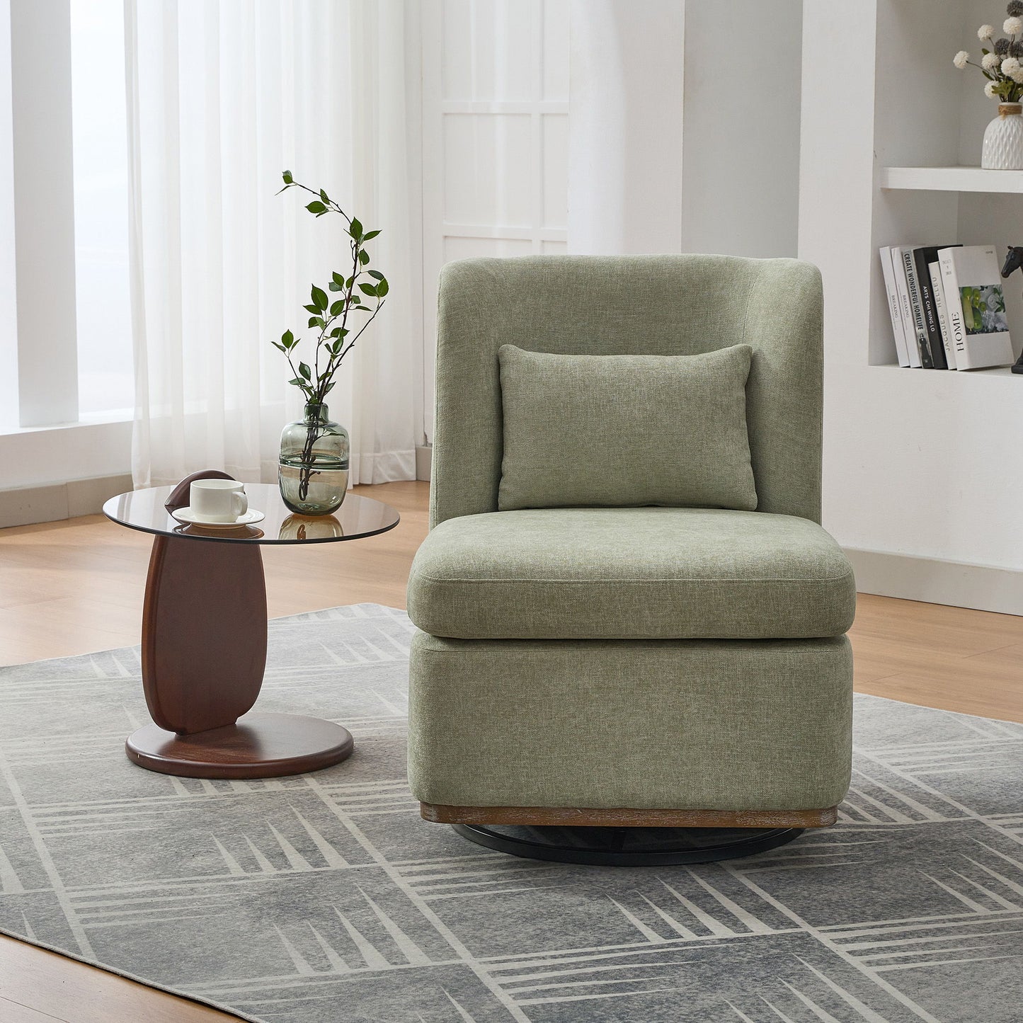Modern Cushioned Armless Metal Base 360 Degree Swivel Chair With Pillow, Suitable For Living Room, Family Room, Bedroom, Lounge Area, Office Pale - Green