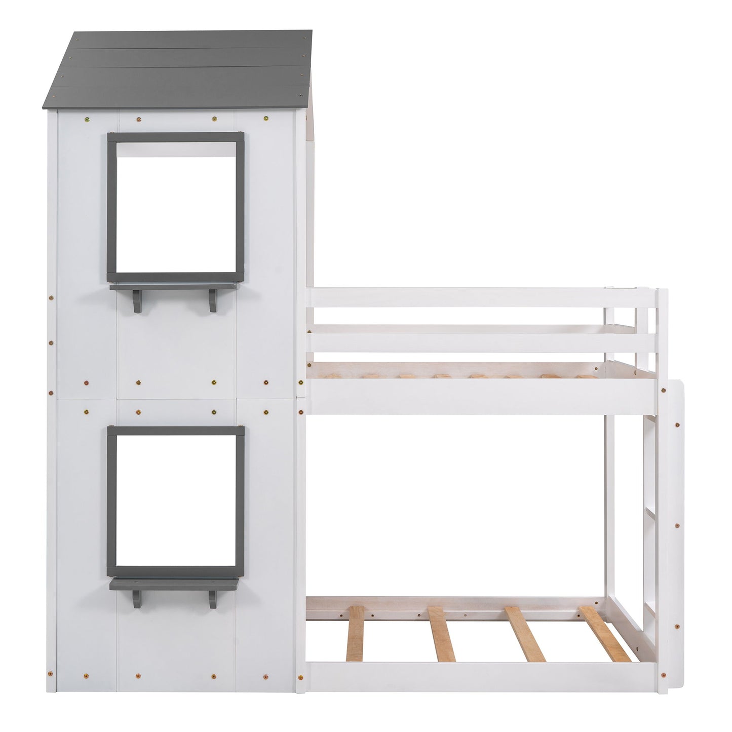 Twin Over Twin Bunk Bed & Roof, Window, Guardrail, Ladder - White