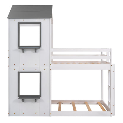 Twin Over Twin Bunk Bed & Roof, Window, Guardrail, Ladder - White