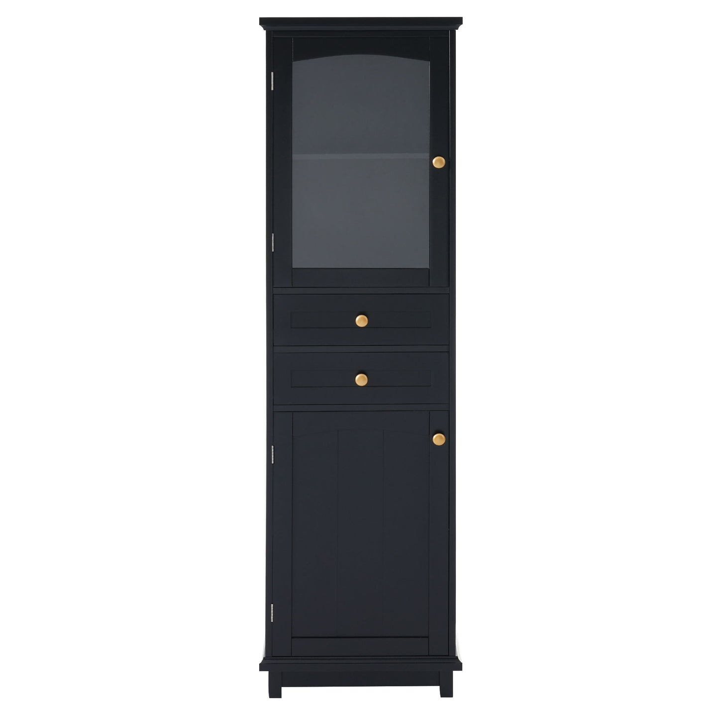 Tall Bathroom Storage Cabinet With Glass Doors, Free-Standing, Two Drawers, And Adjustable Shelves, MDF Board, Painted Perfect For Displaying Your Favorite Items - Black