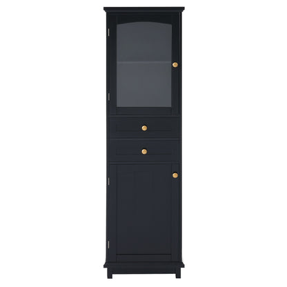 Tall Bathroom Storage Cabinet With Glass Doors, Free-Standing, Two Drawers, And Adjustable Shelves, MDF Board, Painted Perfect For Displaying Your Favorite Items - Black