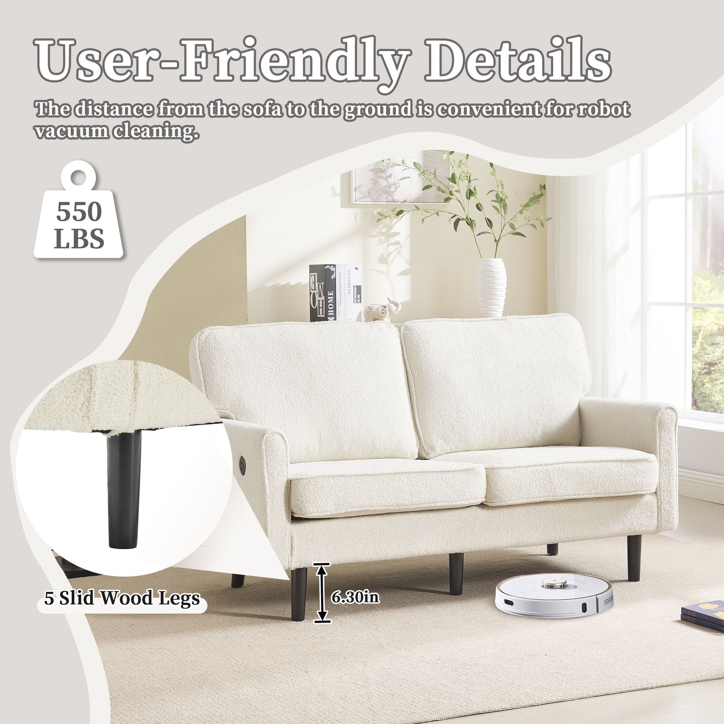 Mid Century Modern Loveseat Sofa With USB, Removable Pillow Cover - Beige