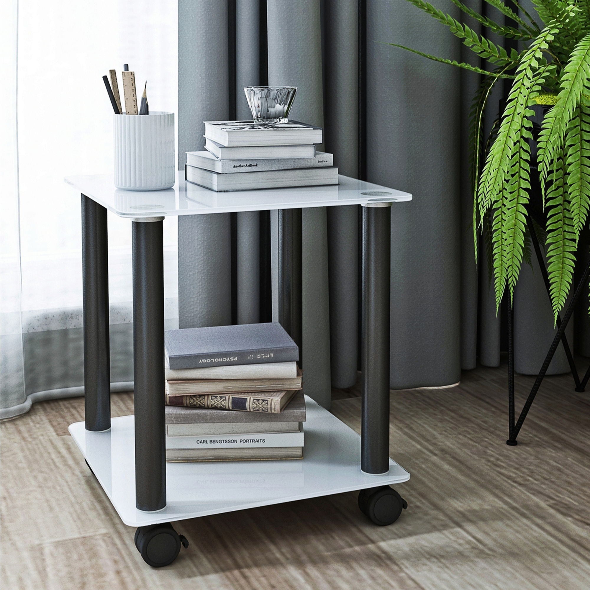 Side Table, 2 Tier Space End Table, Modern Night Stand, Sofa Table, Side Table With Storage Shelve - White / Black