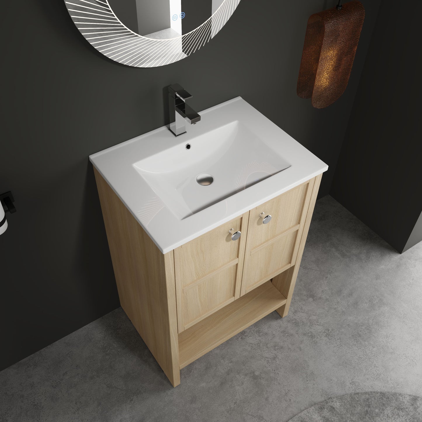 Modern 24" Freestanding Bathroom Vanity With Ceramic Sink And Soft Closing Doors - Oak