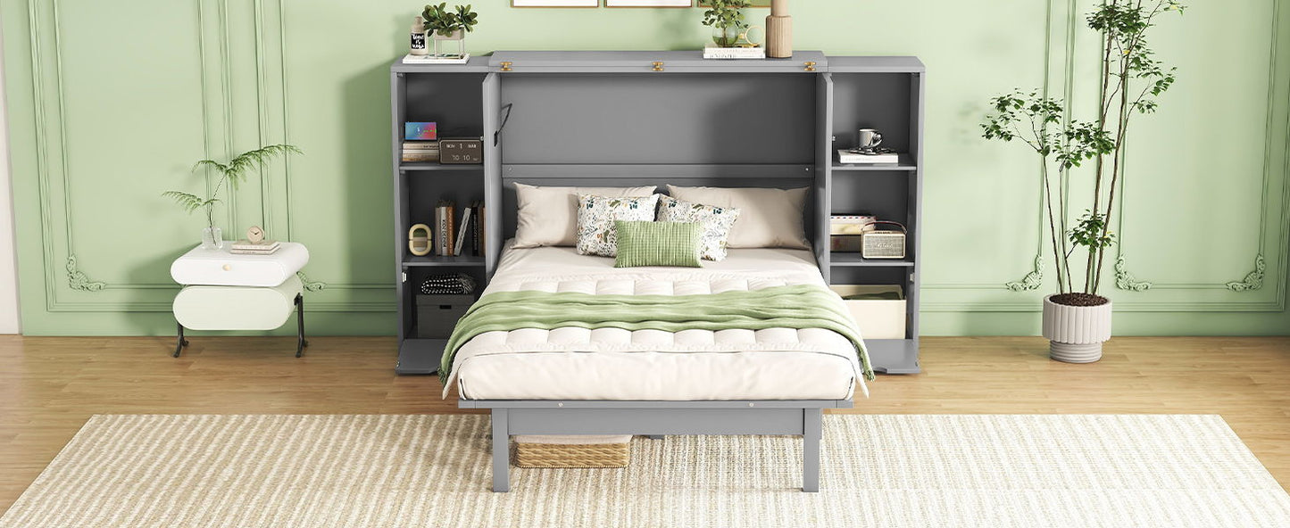 Queen Size Murphy Bed With Shelves, Drawers And USB Ports - Gray
