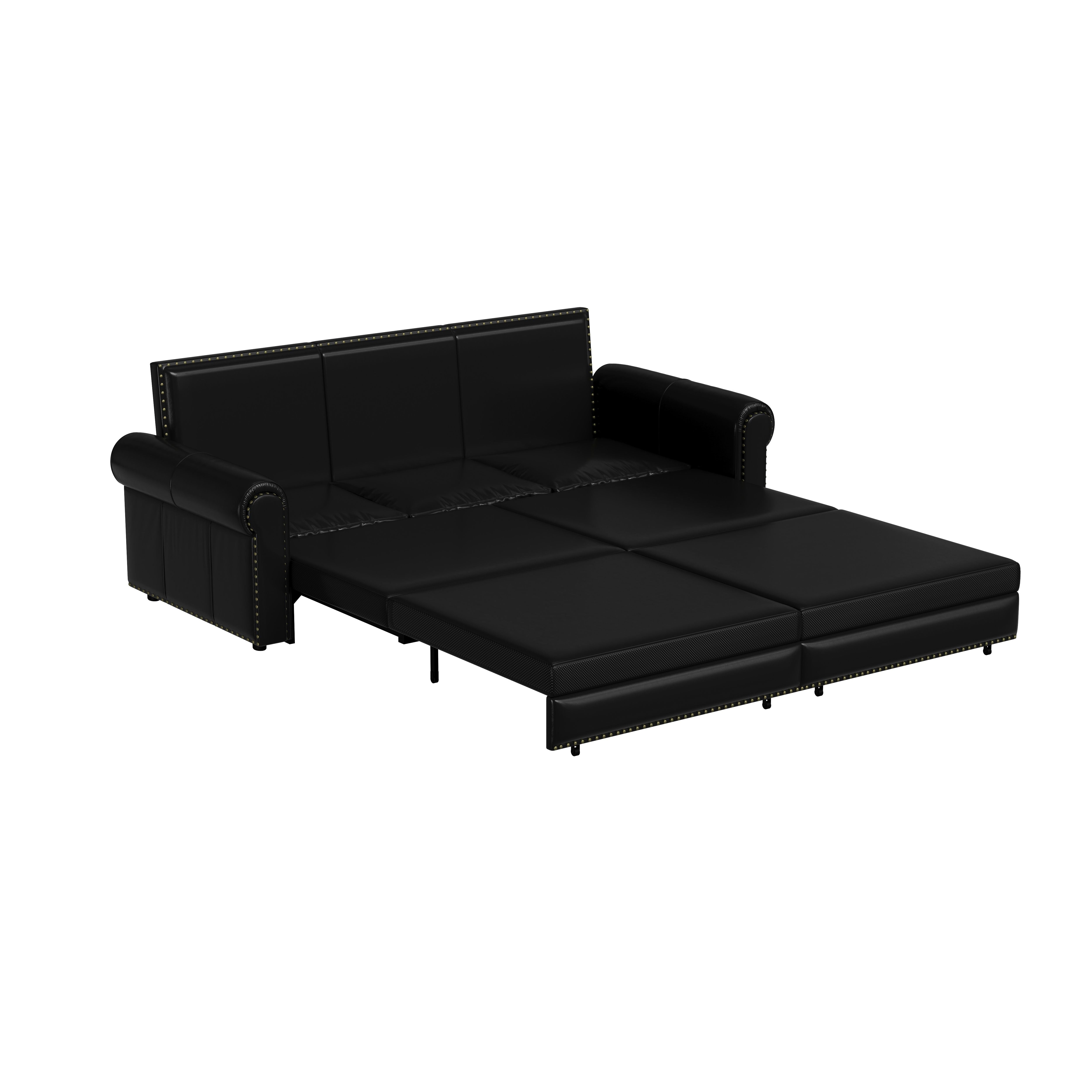 Pull Out Sofa Bed, 3 In 1 Faux Leather Convertible Sleeper Sofa With Nailhead Trim & Rolled Arm Multifunctional Sofa Bed For Living Room - Black