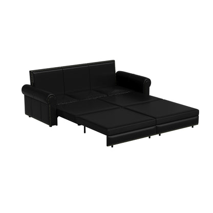 Pull Out Sofa Bed, 3 In 1 Faux Leather Convertible Sleeper Sofa With Nailhead Trim & Rolled Arm Multifunctional Sofa Bed For Living Room - Black