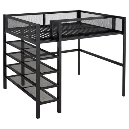 Full Size Loft Bed With 4 Tier Shelves And Storage - Black