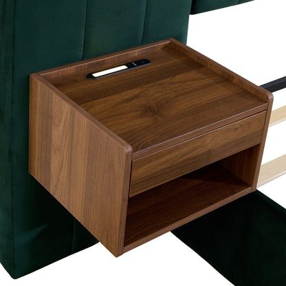 Upholstered King Size Bed Frame Of Velvet Tufted Headboard With Floating Nightstand LED / USB Built-In - Dark Green