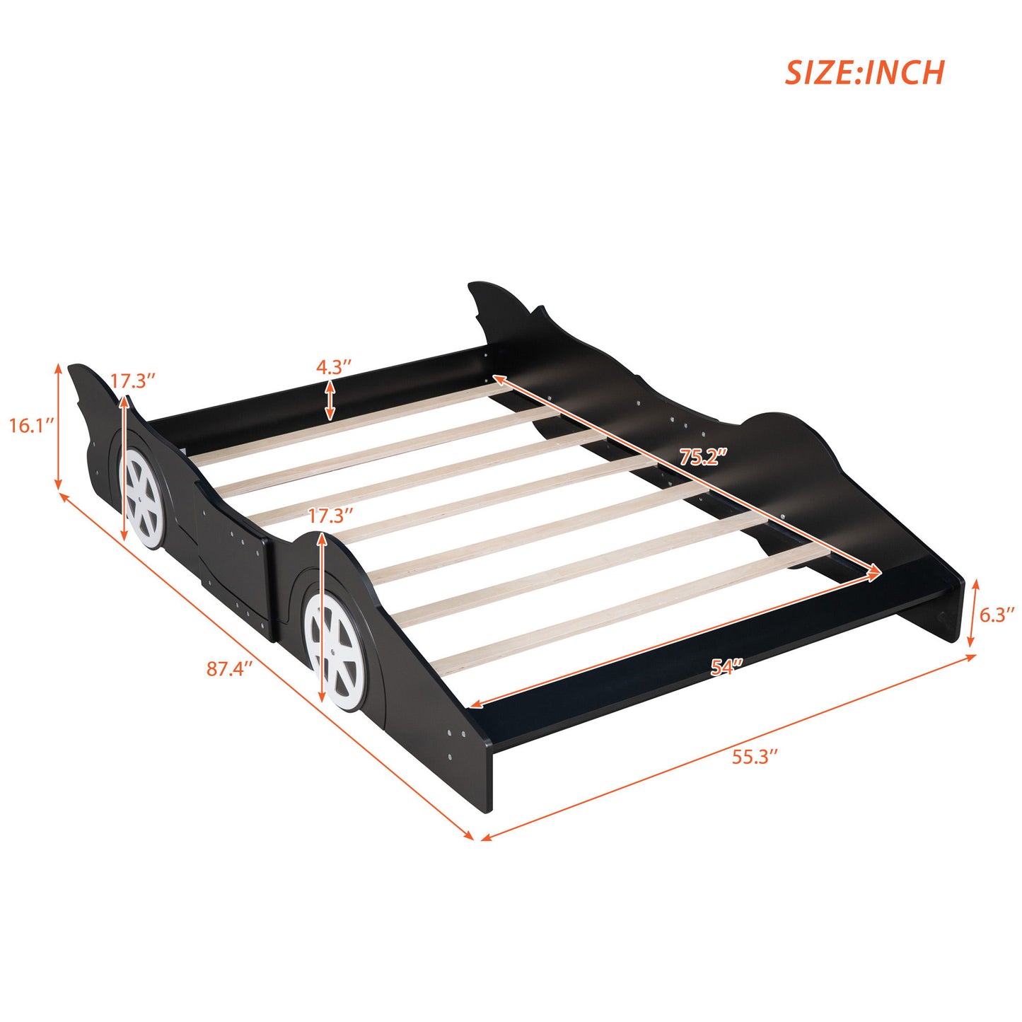 Full Size Race Car Shaped Platform Bed & Wheels - Black