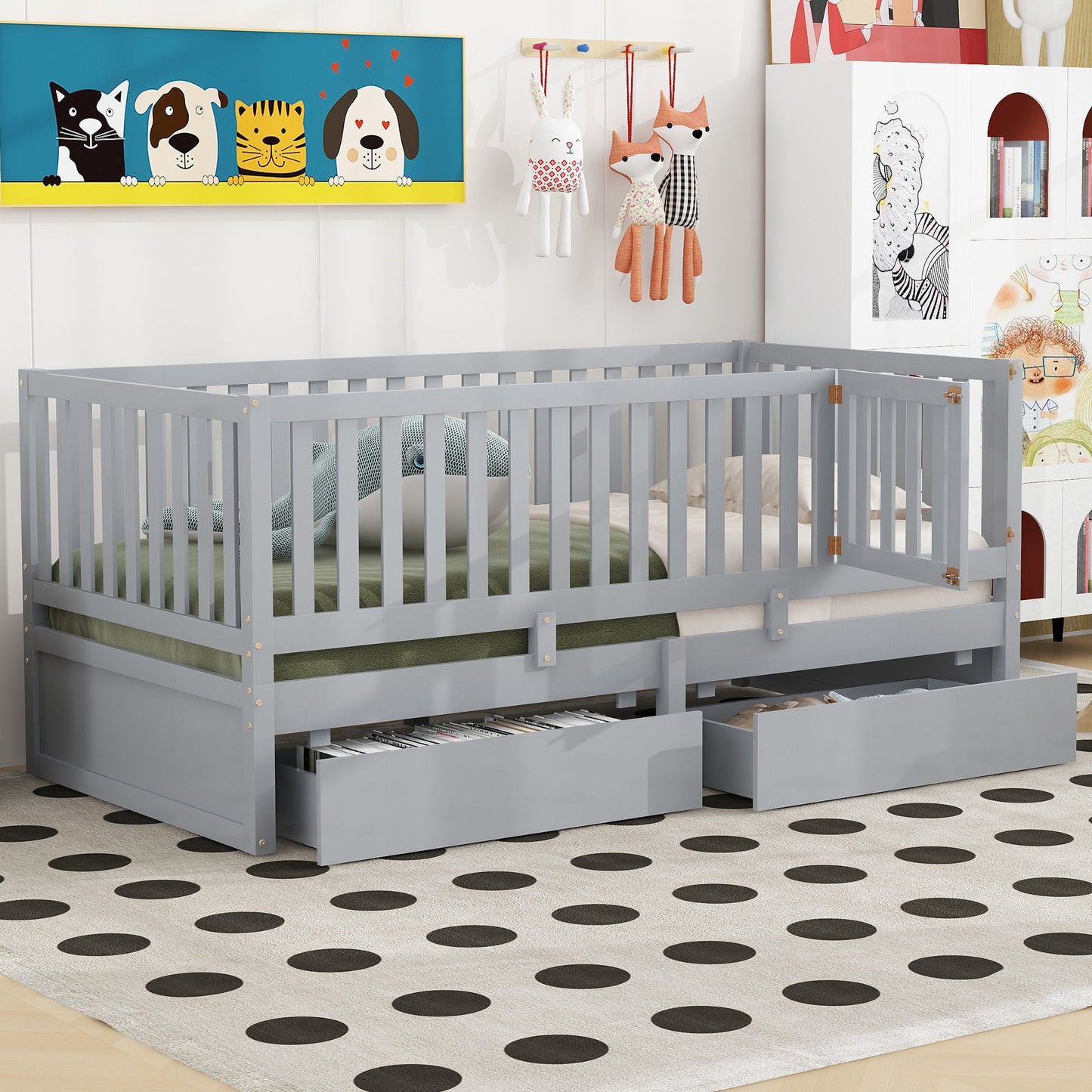 Twin Size Daybed With Fence Guardrails And 2 Drawers, Split Into Independent Floor Bed & Daybed - Gray