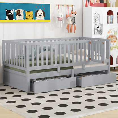 Twin Size Daybed With Fence Guardrails And 2 Drawers, Split Into Independent Floor Bed & Daybed - Gray