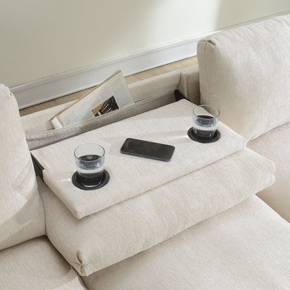 Sectional With Bluetooth Speaker Comfy Cloud Couch Set With Drop Down Table Cup Holders, USB Charger Storage Armrest Wide Seat Sofa - Beige
