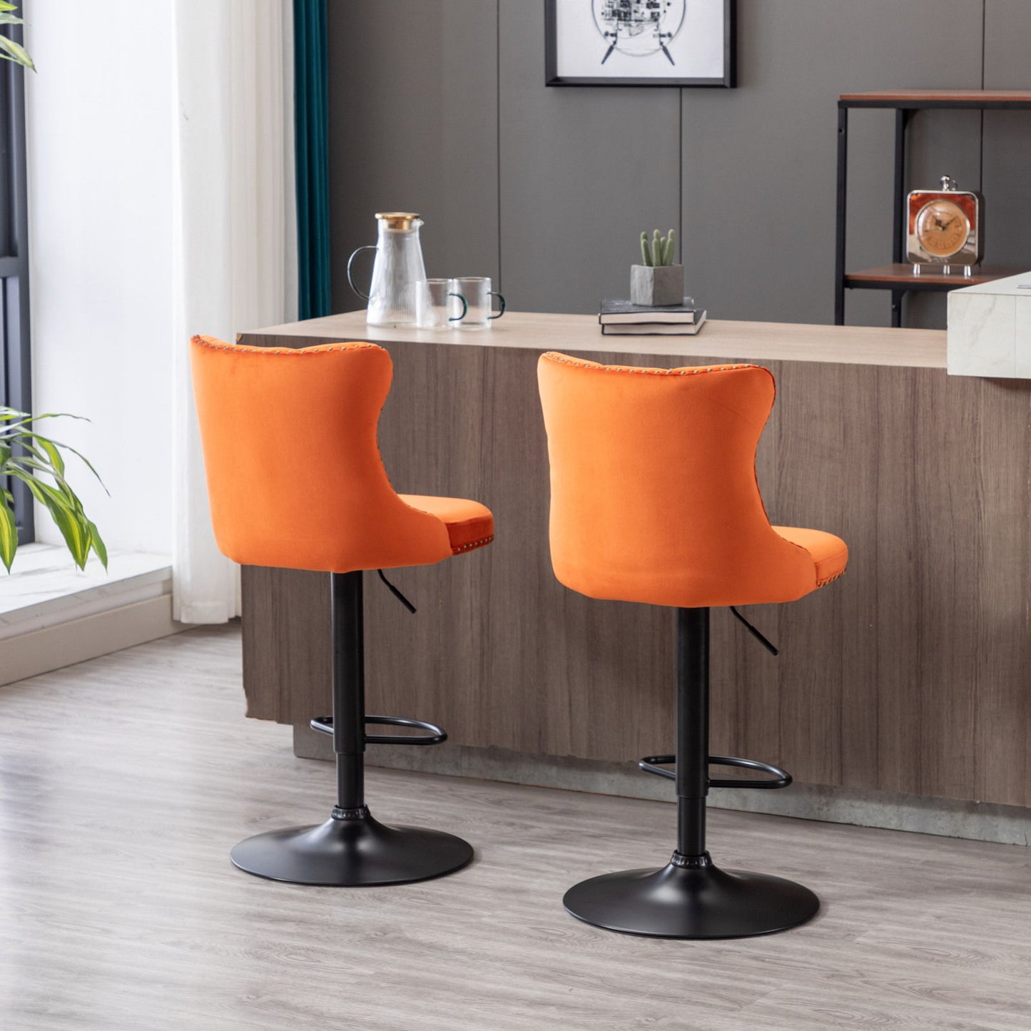 Swivel Velvet Barstools Adjusatble Seat Height, Modern Upholstered Bar Stools With Backs Comfortable Tufted For Home Pub And Kitchen Island (Set of 2) - Orange