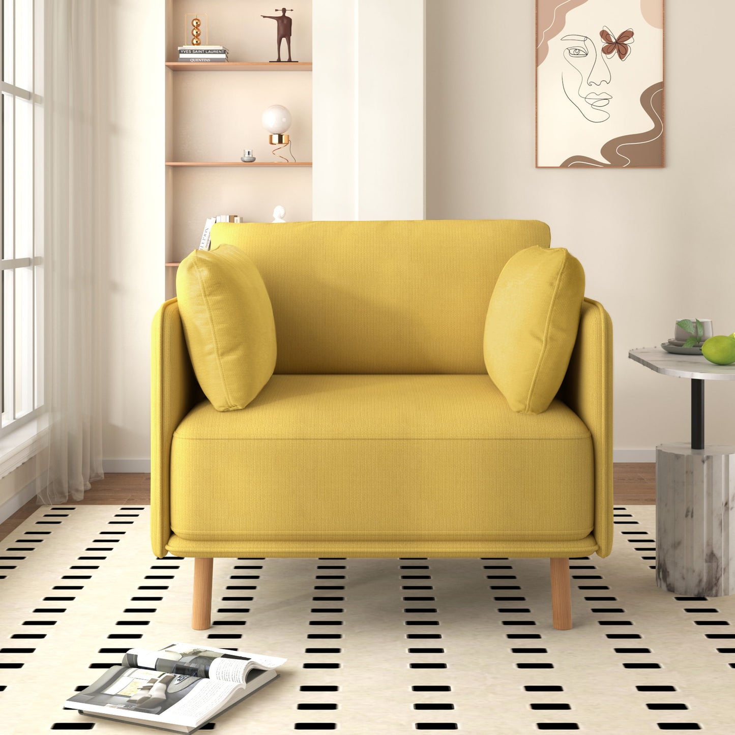 Modern Upholstered Accent Chair With Soft Cushions, Sleek Armrest Design - Yellow