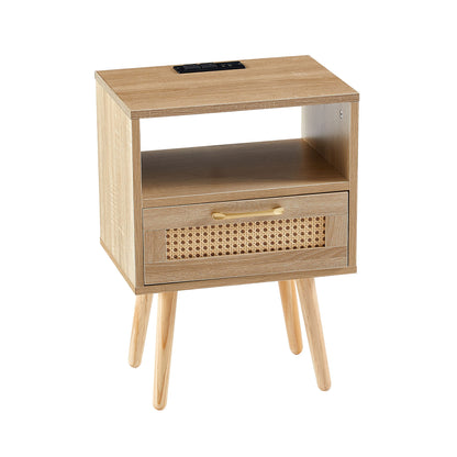 15.75" Rattan End Table With Power Outlet & USB Ports, Modern Nightstand With Drawer And Solid Wood Legs, Side Table For Living Room, Bedroom - Natural