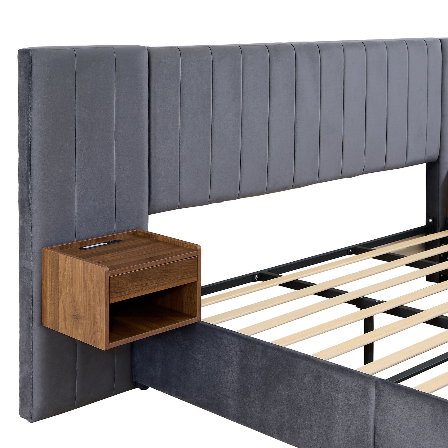 Upholstered King Size Bed Frame Of Velvet Tufted Headboard With Floating Nightstand LED / USB Built - Gray